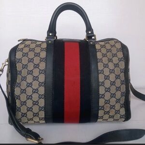 Gucci Beige and Black GG Supreme Satchel with Red Center Stripe